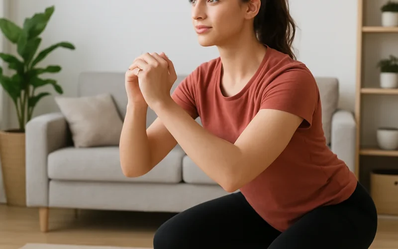 Beginner home workout plan with simple exercise illustrations and start guide layout