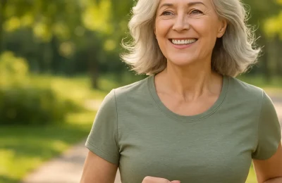 Person practicing healthy aging habits with balanced nutrition, exercise and mental wellness themes