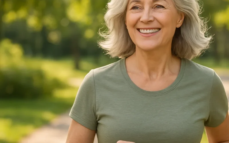 Person practicing healthy aging habits with balanced nutrition, exercise and mental wellness themes