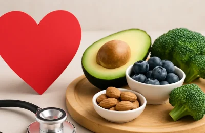 Illustration of heart-healthy foods, exercise, and wellness tips for natural heart health