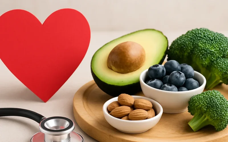 Illustration of heart-healthy foods, exercise, and wellness tips for natural heart health