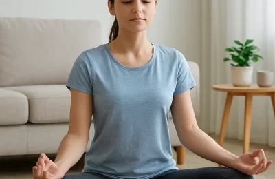 Illustration of a wellness guide on natural stress relief with calming icons and healthy lifestyle elements