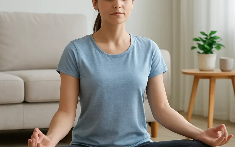 Illustration of a wellness guide on natural stress relief with calming icons and healthy lifestyle elements